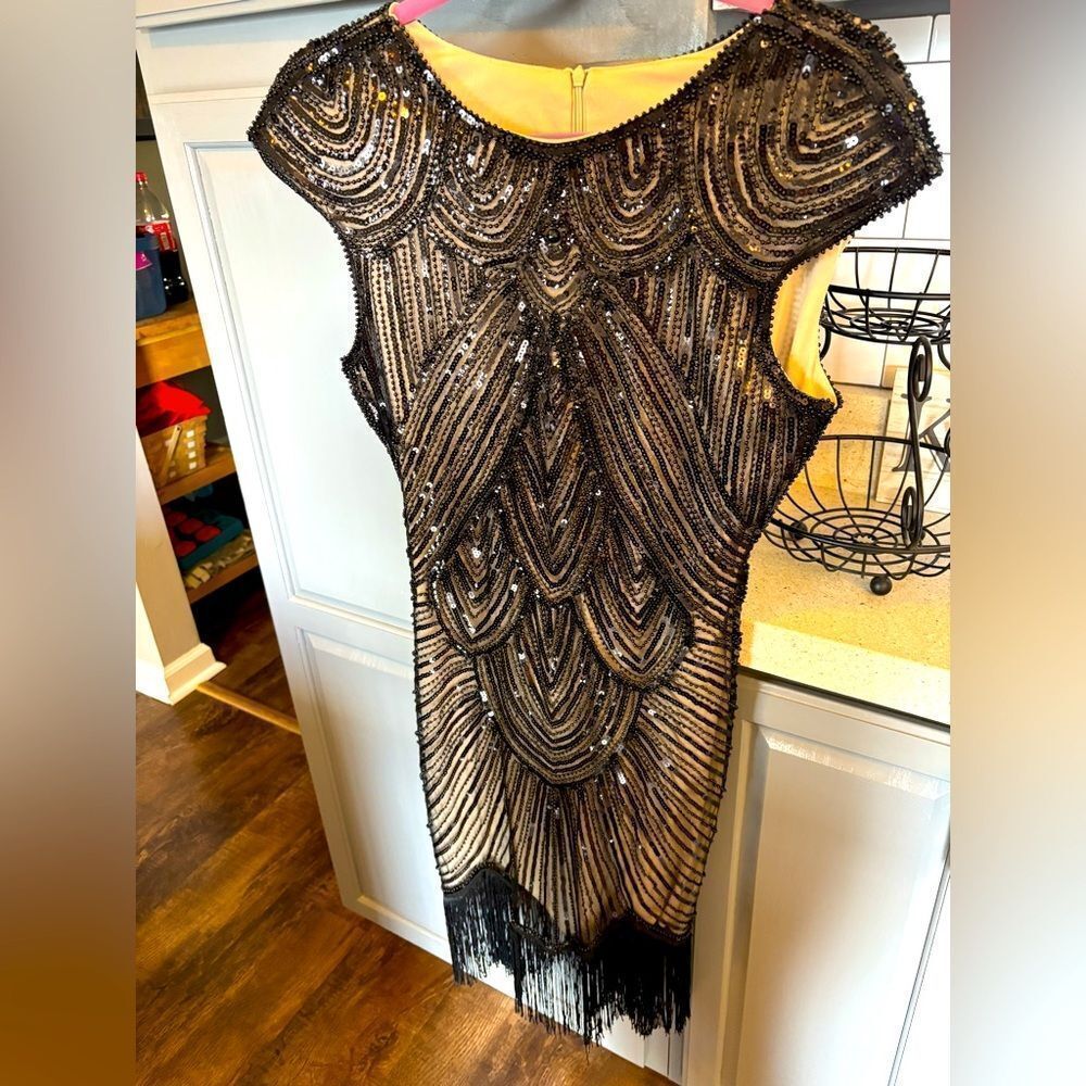 Elegant Black Beaded Dress, Handmade